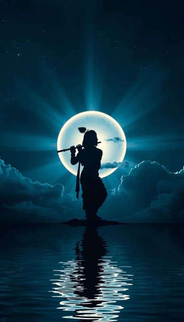 wallpaper-of-sri-krishna silhouette of Lord Krishna playing flute with full moon and water reflection at night sky