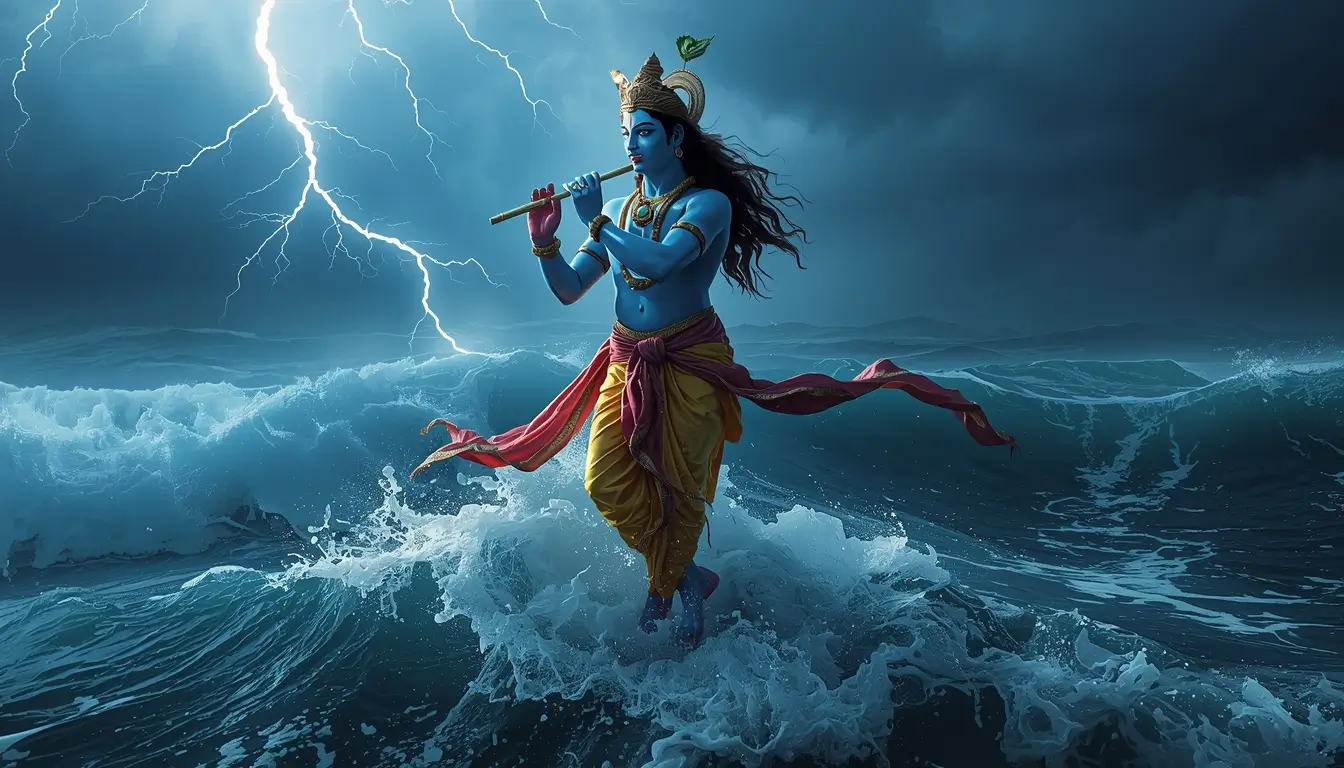 wallpaper-of-sri-krishna showing Lord Krishna playing flute over stormy ocean waves with lightning in the sky