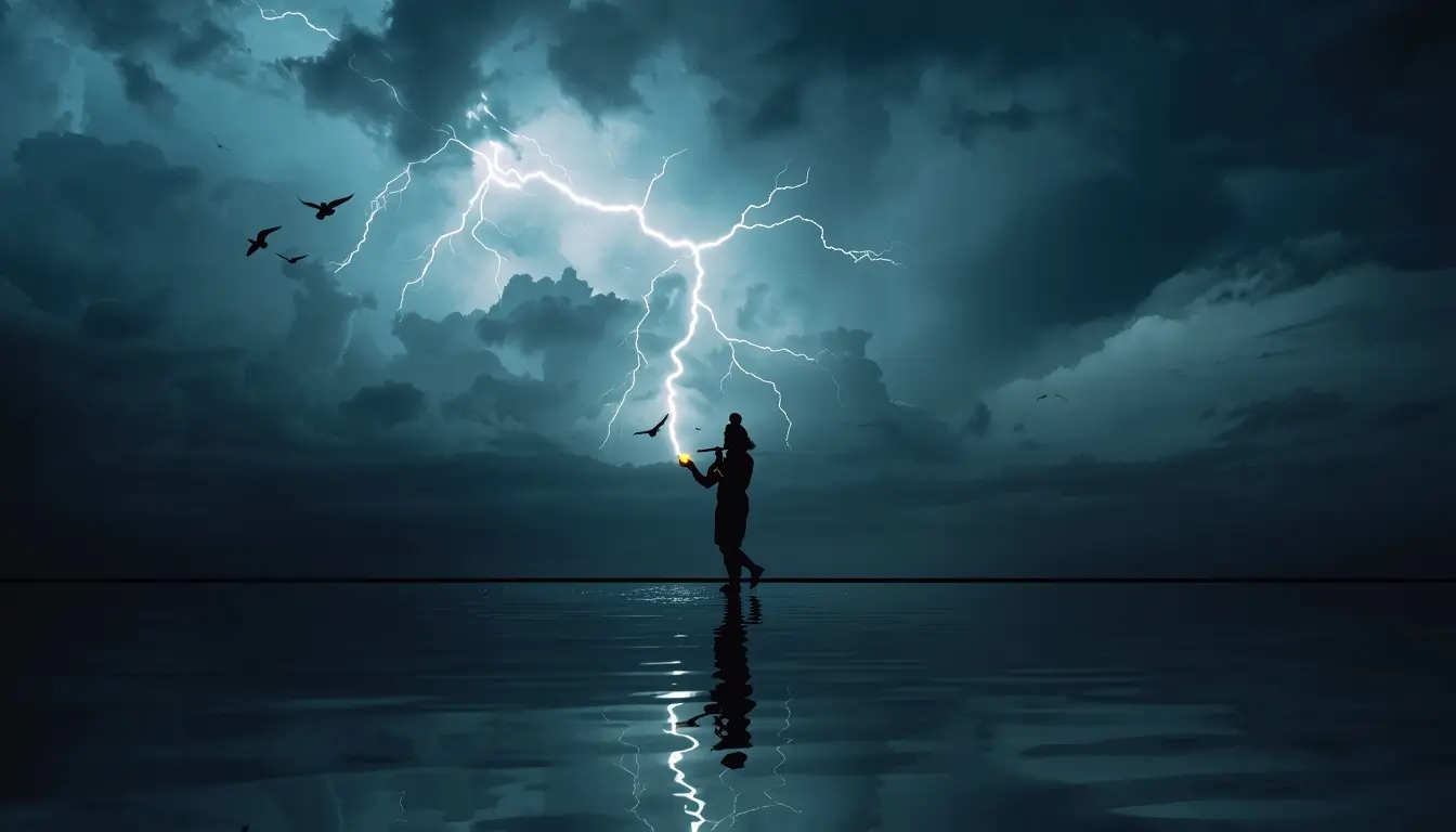 wallpapers-god-krishna silhouette of Krishna walking on water with lightning storm and reflective night sky background