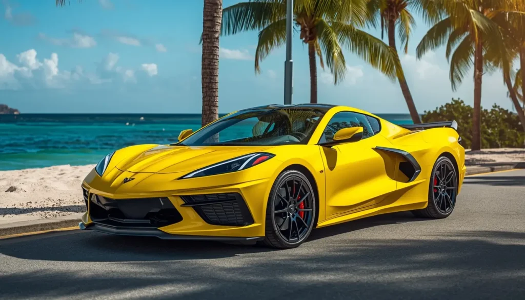 4k-car-wallpaper of a yellow Corvette sports car parked on a tropical beach road with palm trees and ocean, ideal iphone car wallpaper
