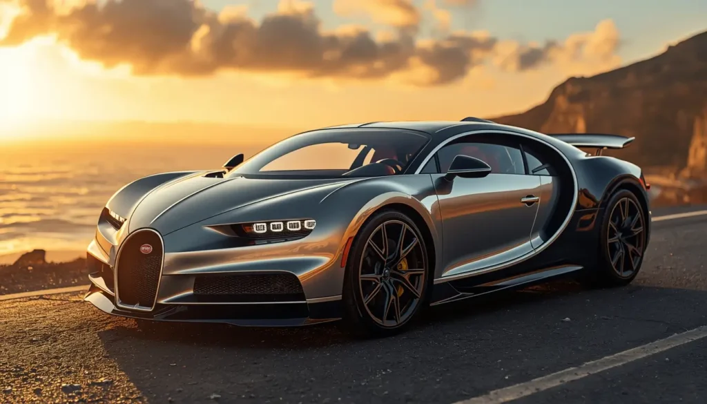 4k-car-wallpaper of a silver Bugatti Chiron parked on a coastal road at sunset with ocean view, perfect iphone car wallpaper background