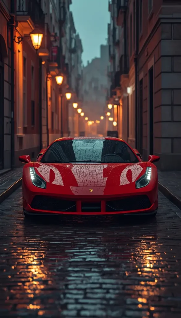 Red luxury sports car on wet street at night - 4k-car-wallpaper for iPhone