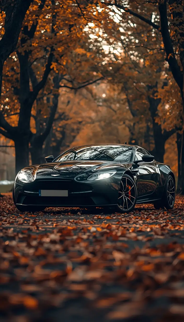 Black luxury sports car in autumn forest with leaves - 4k-car-wallpaper