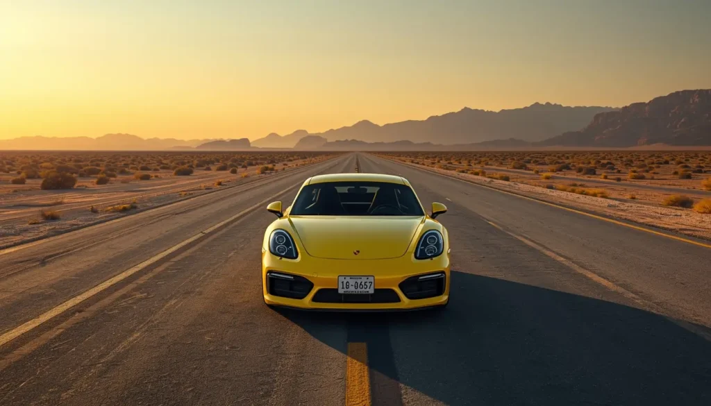 Yellow sports car on desert highway at sunset - 4k-car-wallpaper