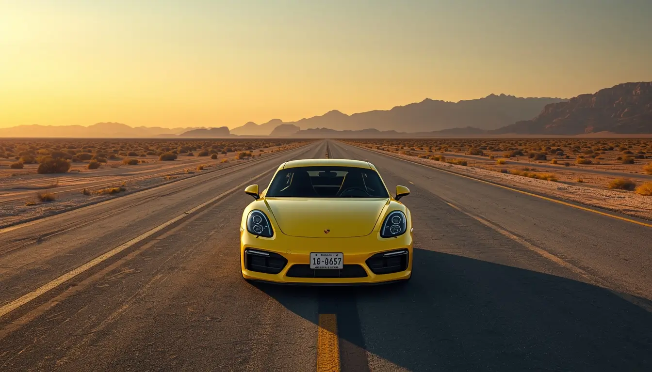 Yellow sports car on desert highway at sunset - 4k-car-wallpaper