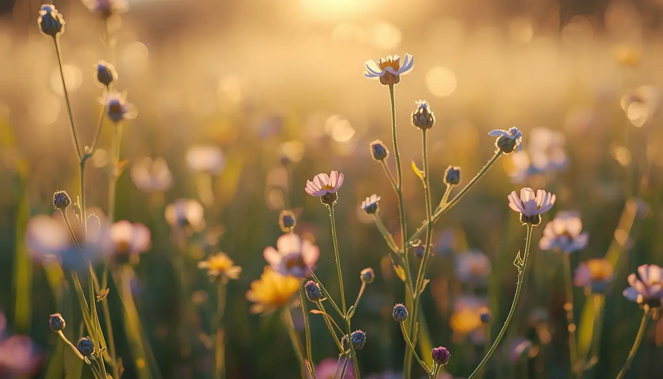 Delicate wildflowers glowing in golden sunset light aesthetic flower wallpaper for phone and desktop background