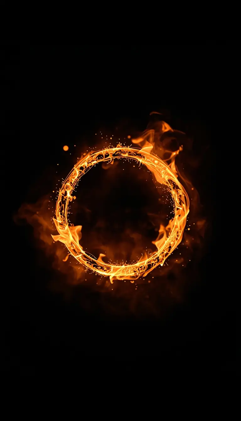 Glowing ring of fire in dark background amoled 3d wallpaper with bright flames and deep black contrast for OLED screens.