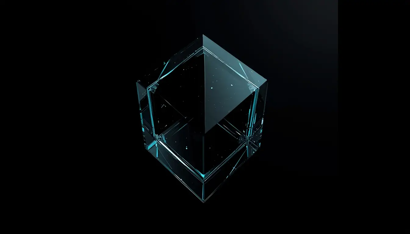 Transparent glass cube floating in dark background amoled 3d wallpaper with reflective edges and deep black contrast for OLED screens.