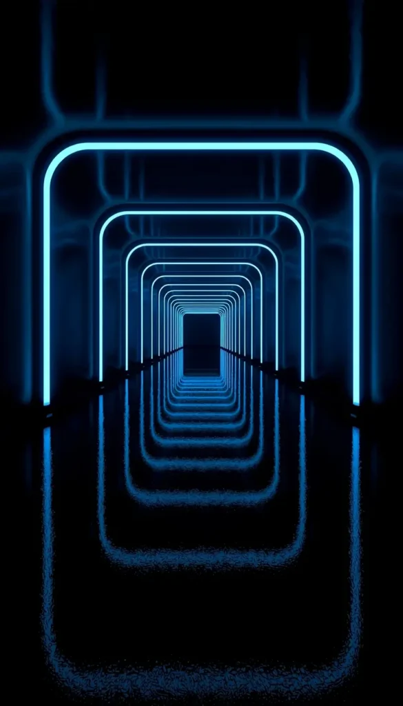Futuristic neon tunnel with glowing blue frames amoled 3d wallpaper on black background with reflective floor for OLED screens.