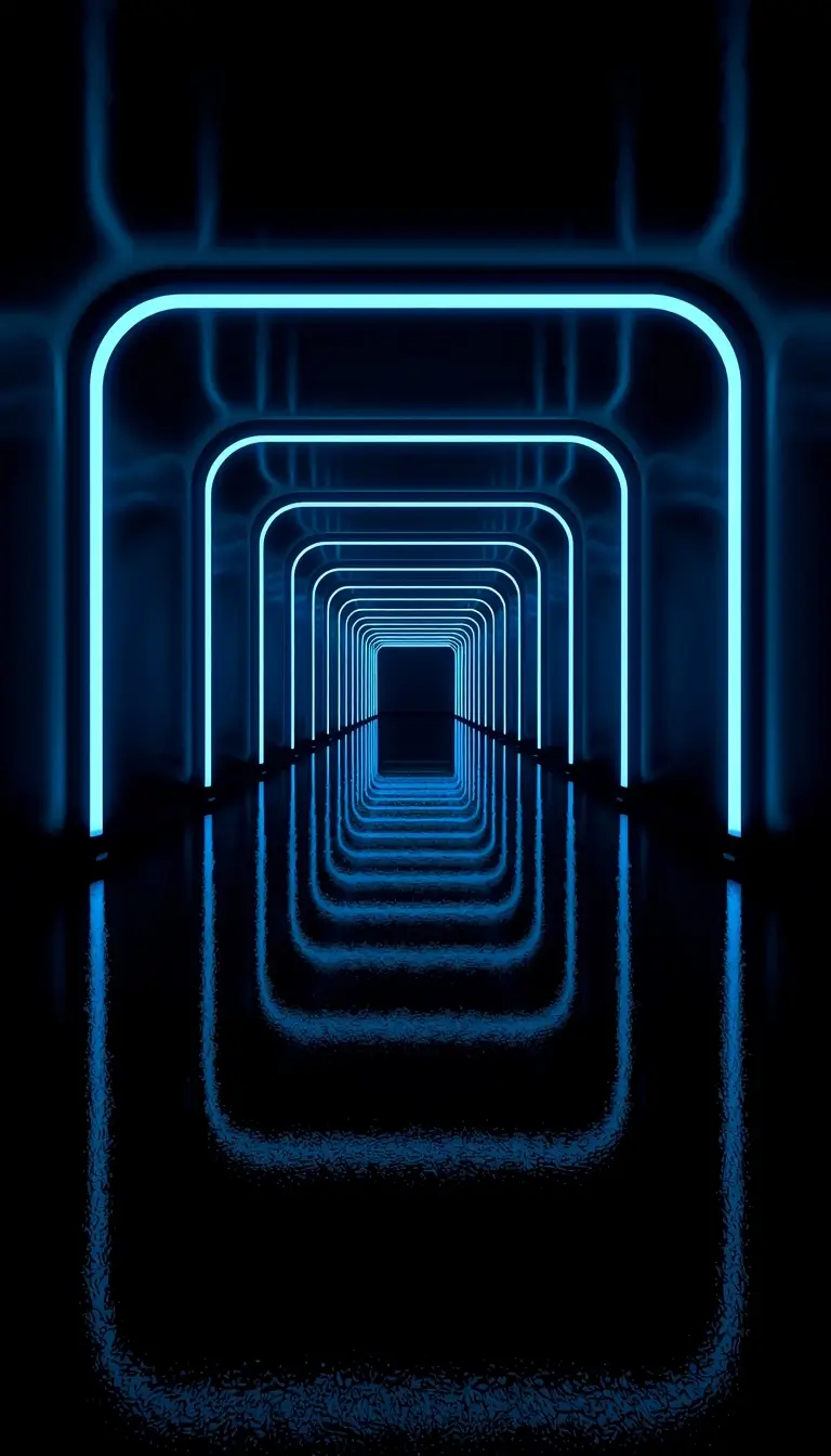 Futuristic neon tunnel with glowing blue frames amoled 3d wallpaper on black background with reflective floor for OLED screens.