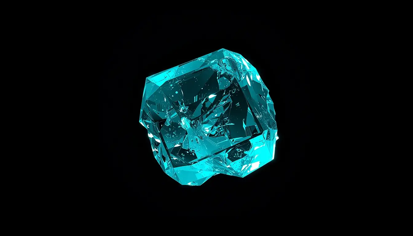 Glowing cyan crystal floating on black background amoled 3d wallpaper with sharp reflections and deep black contrast for OLED screens.