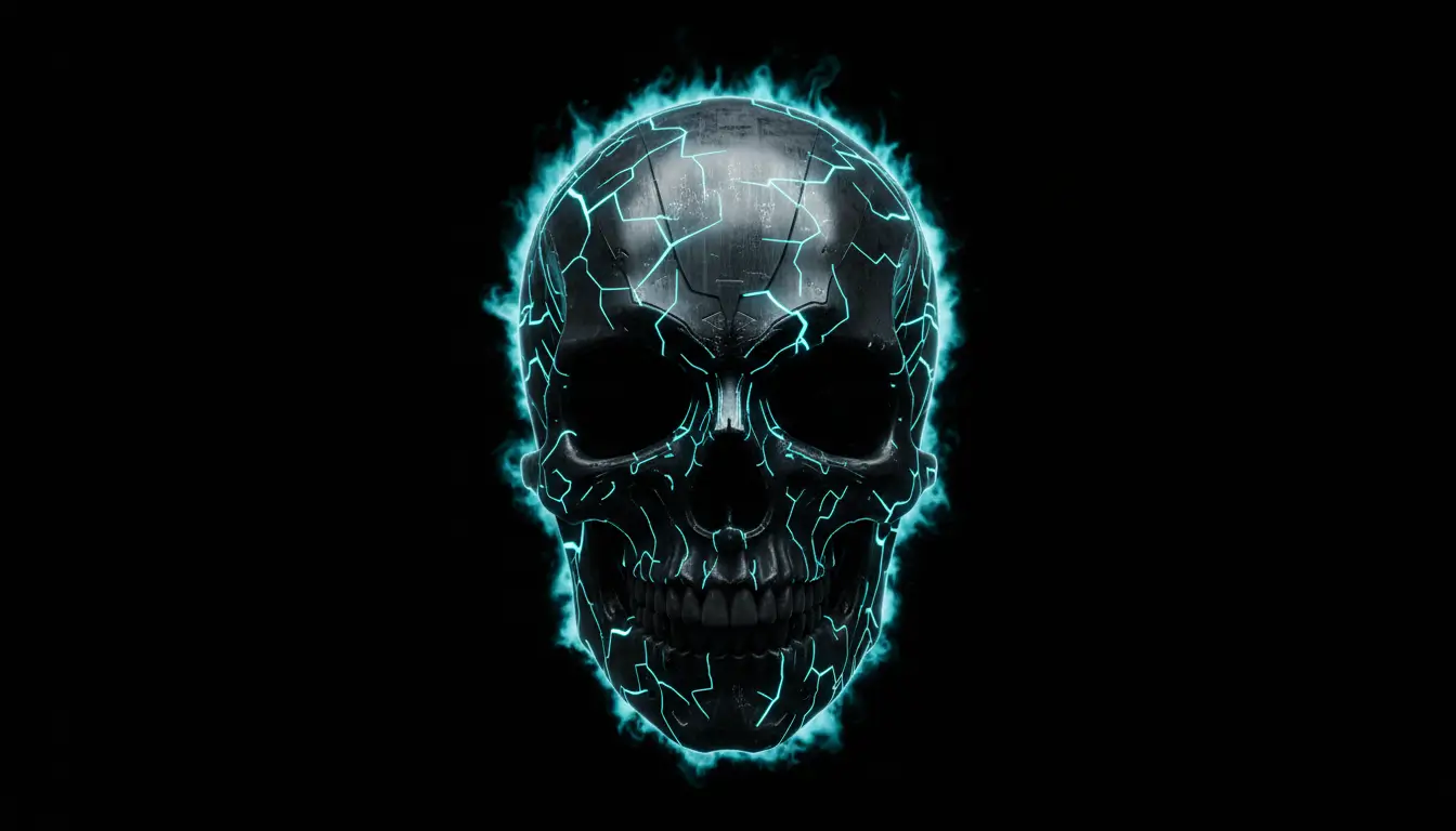 Futuristic skull with glowing blue electric cracks amoled black wallpaper 4k style