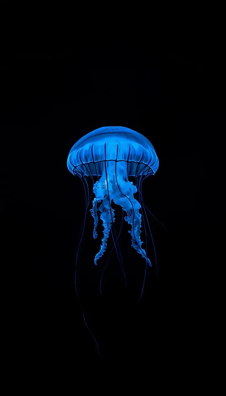 Glowing blue jellyfish in deep black background amoled black wallpaper 4k perfect for OLED and AMOLED smartphone screens.