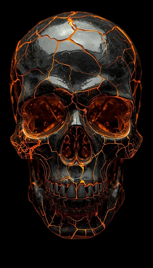 Black skull with glowing lava cracks amoled black wallpaper 4k style