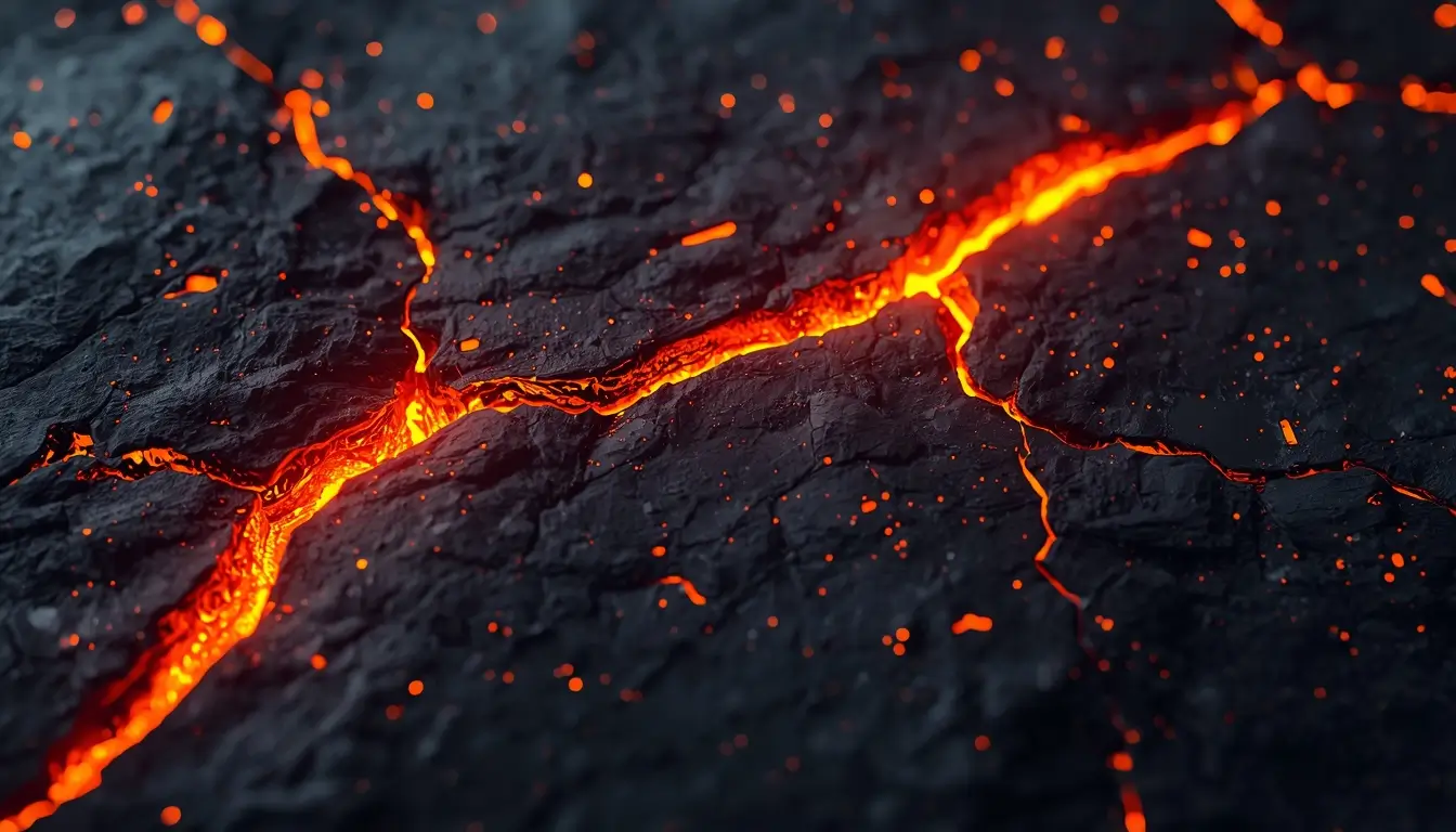 Glowing lava cracks on dark rock surface amoled black wallpaper with fiery orange lines and deep black background for OLED displays.