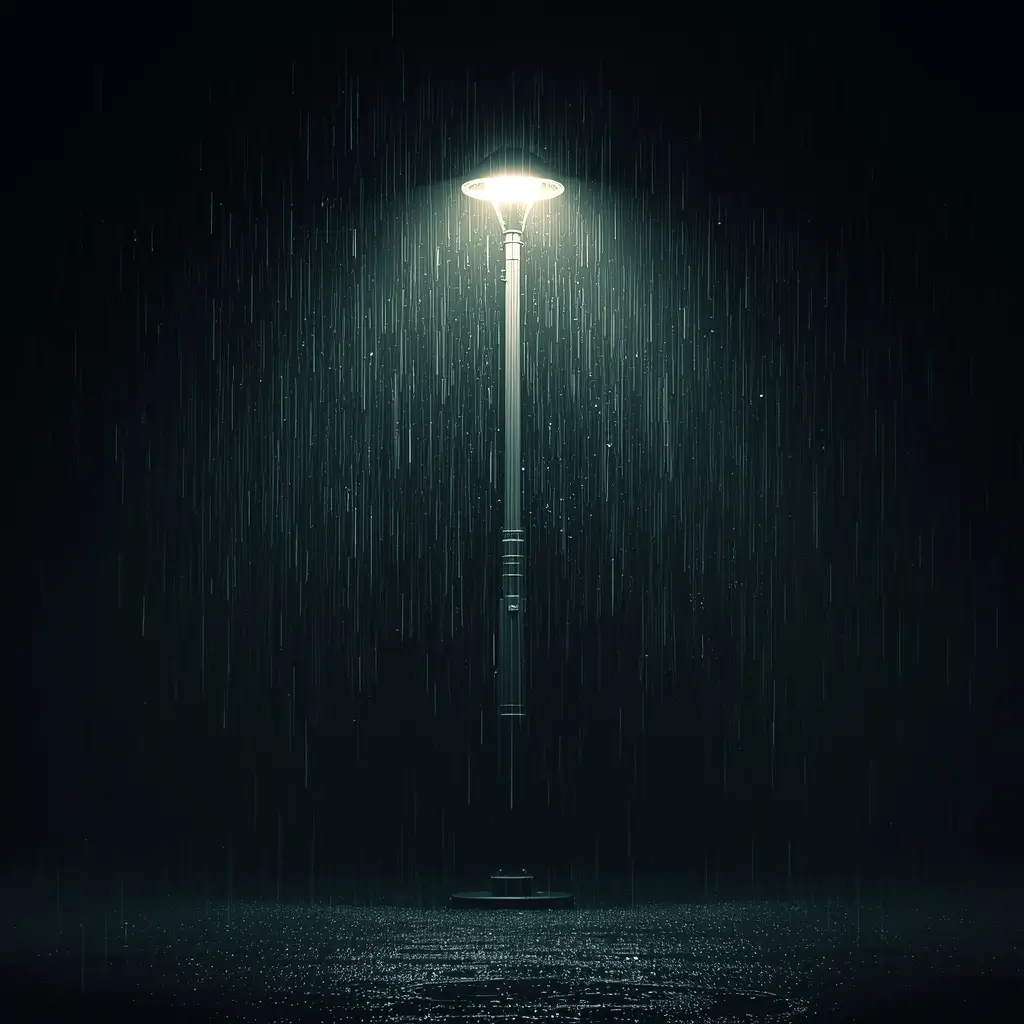 Single street light glowing in heavy rain amoled pure black wallpaper 4k with dark background perfect for OLED and AMOLED screens.