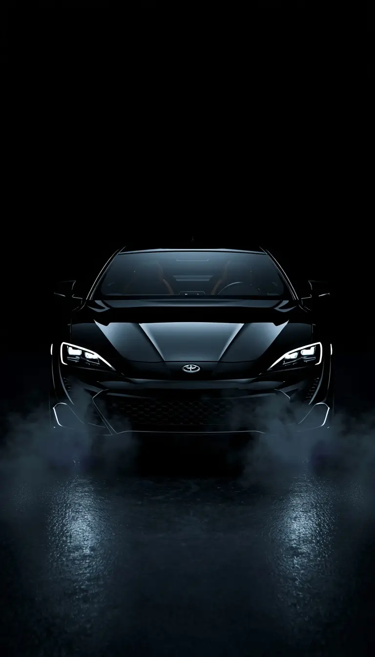 Glossy black sports car in dark smoke on pure black background amoled pure black wallpaper 4k style