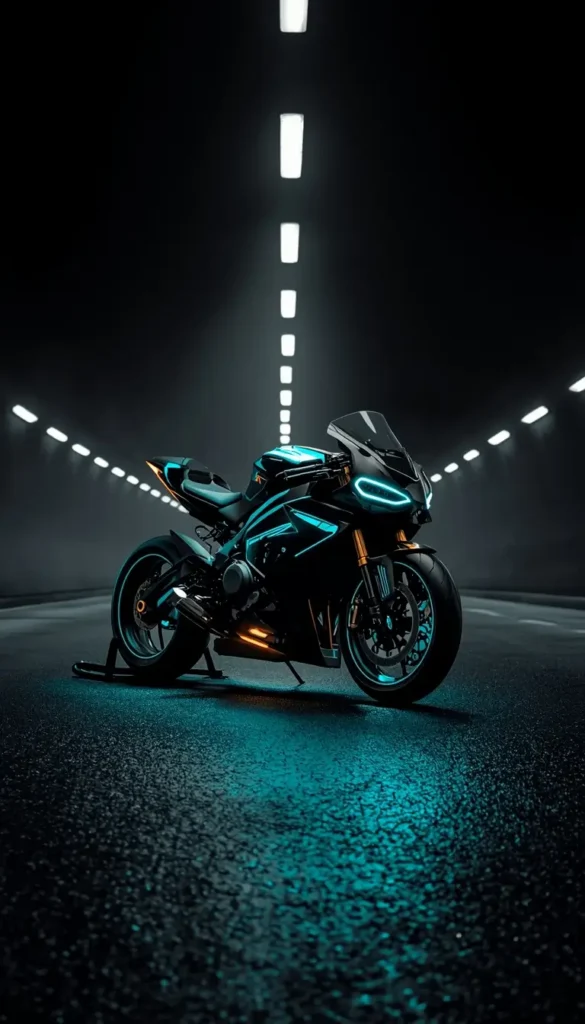 Futuristic neon sport motorcycle in dark tunnel amoled wallpaper 4k with glowing cyan lights and deep black background for OLED displays.