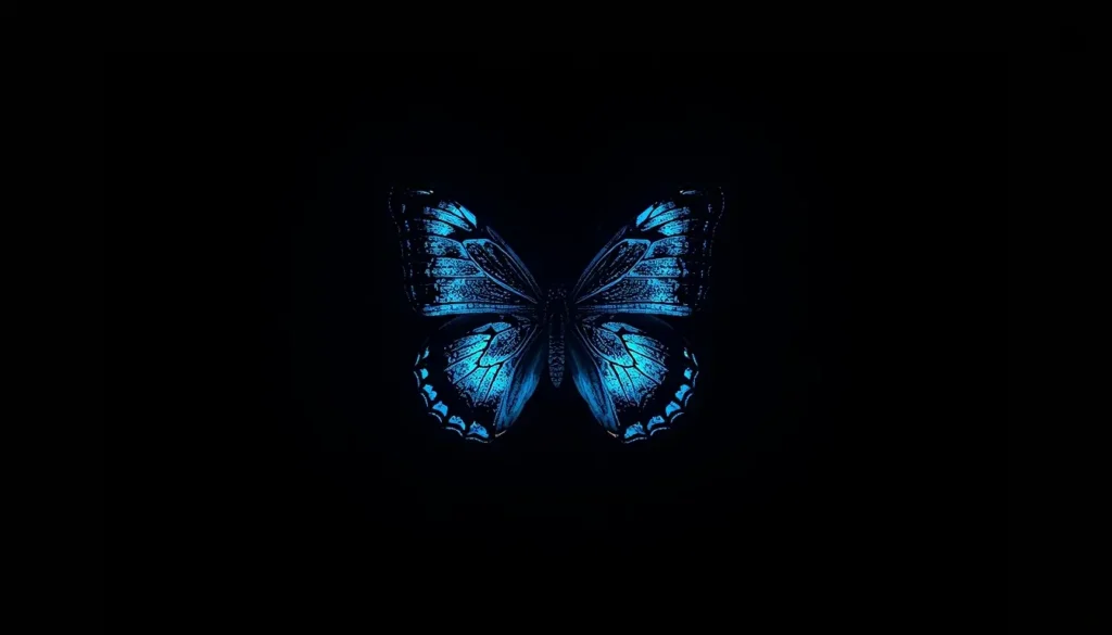 Glowing blue butterfly on black background amoled wallpaper 4k with vibrant neon wings perfect for OLED and AMOLED screens.