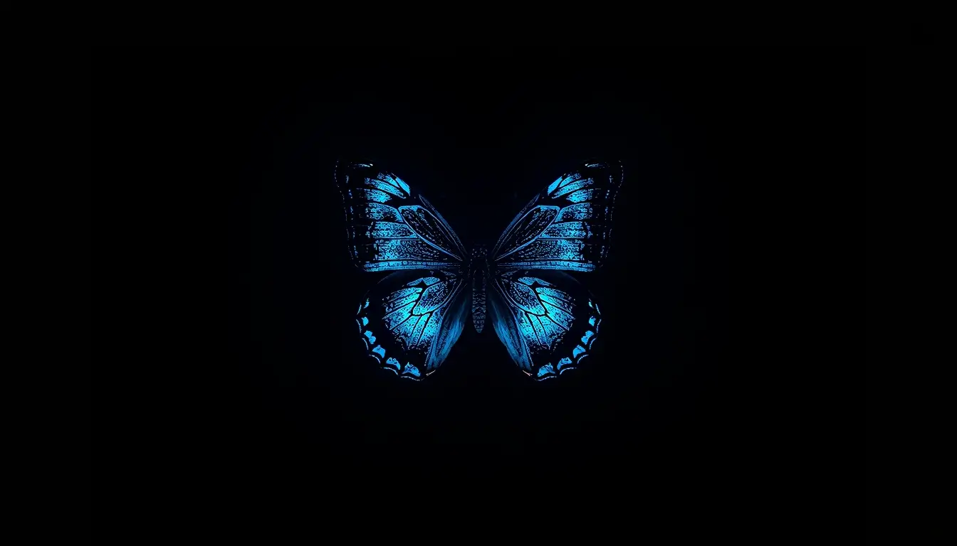 Glowing blue butterfly on black background amoled wallpaper 4k with vibrant neon wings perfect for OLED and AMOLED screens.