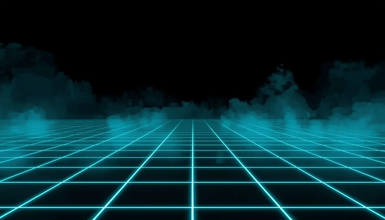 Glowing neon grid floor in dark background amoled wallpaper black with cyan lines and deep black contrast for OLED screens.