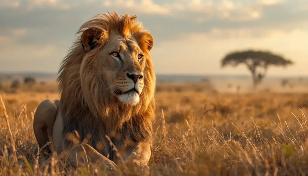 Majestic male lion resting in golden savannah grass during sunset, stunning wildlife animal-wallpaper for mobile and desktop.