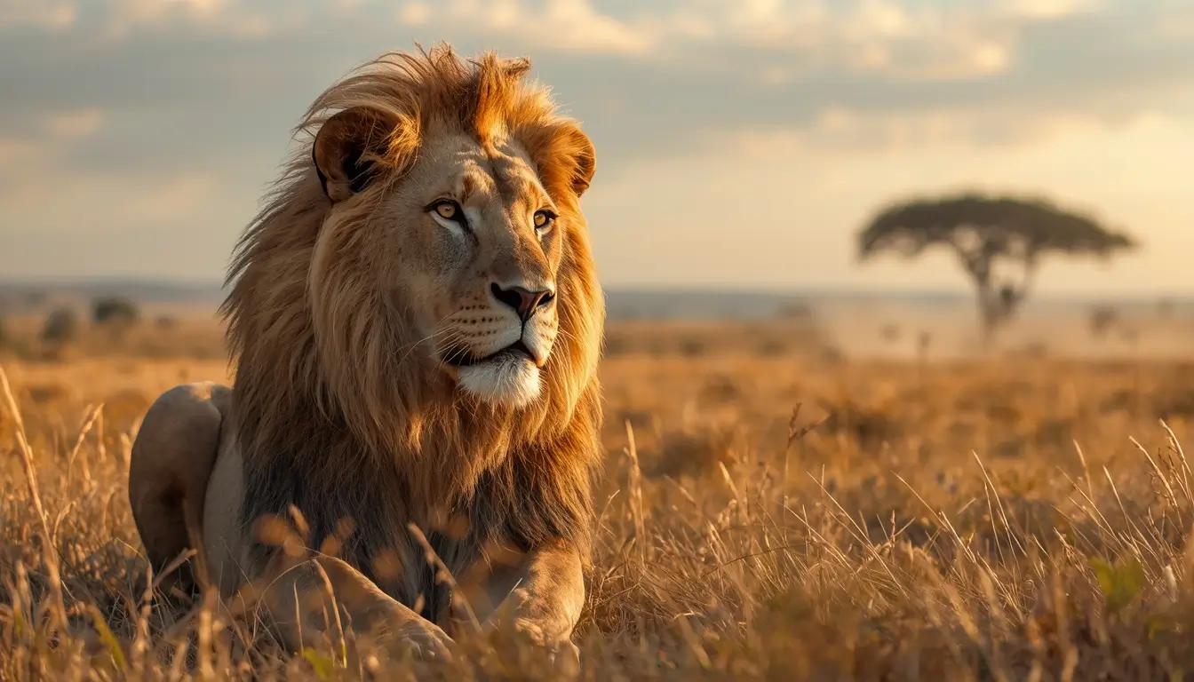 Majestic male lion resting in golden savannah grass during sunset, stunning wildlife animal-wallpaper for mobile and desktop.