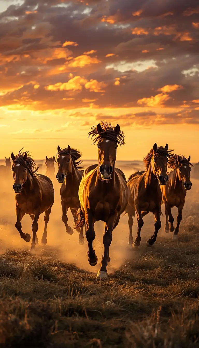 Herd of wild horses running across open field during golden sunset with dust in the air powerful wildlife animal-wallpaper.