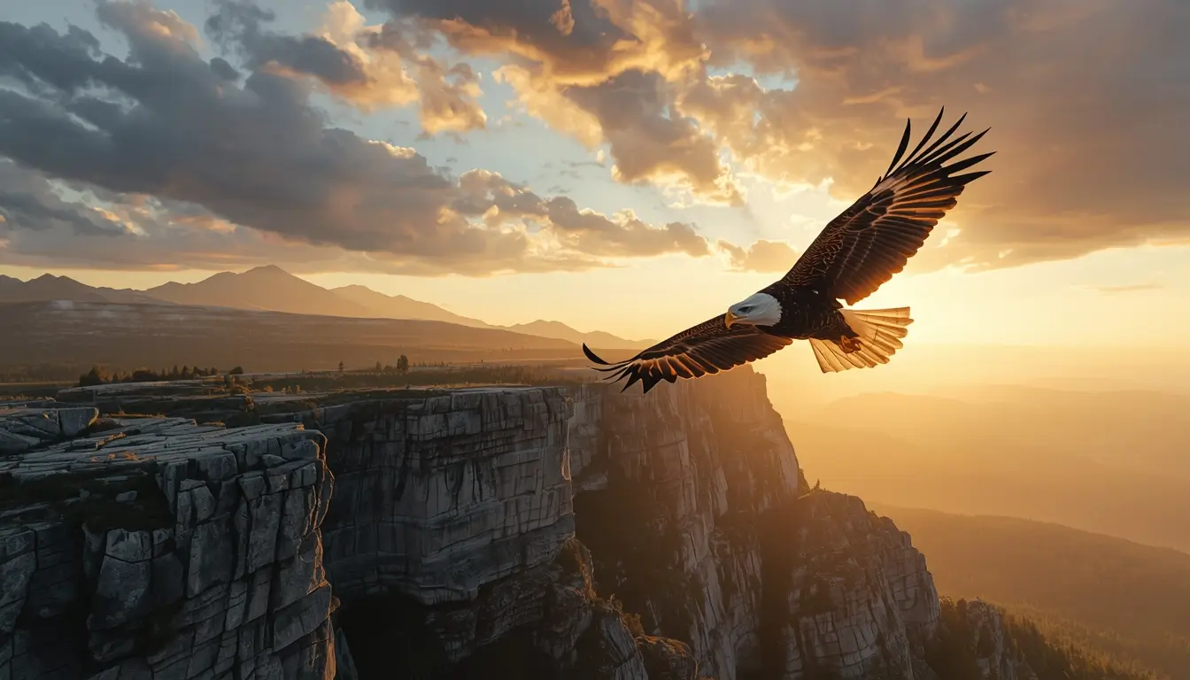 Majestic eagle flying above rocky cliffs during golden sunset sky stunning wildlife animal-wallpaper for mobile or desktop.
