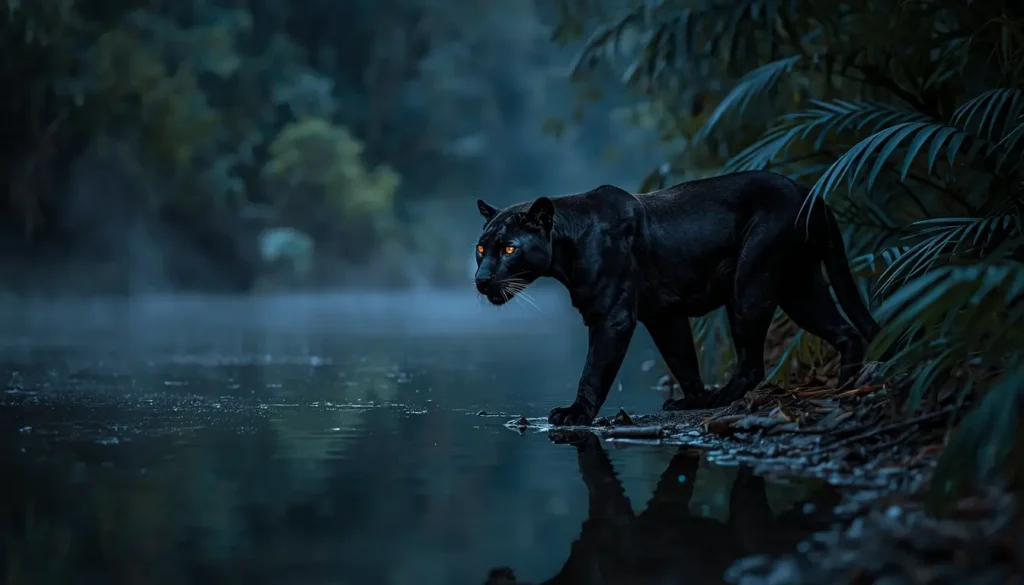Black panther walking beside a misty jungle river with glowing eyes powerful wildlife animal-wallpaper for mobile and desktop.