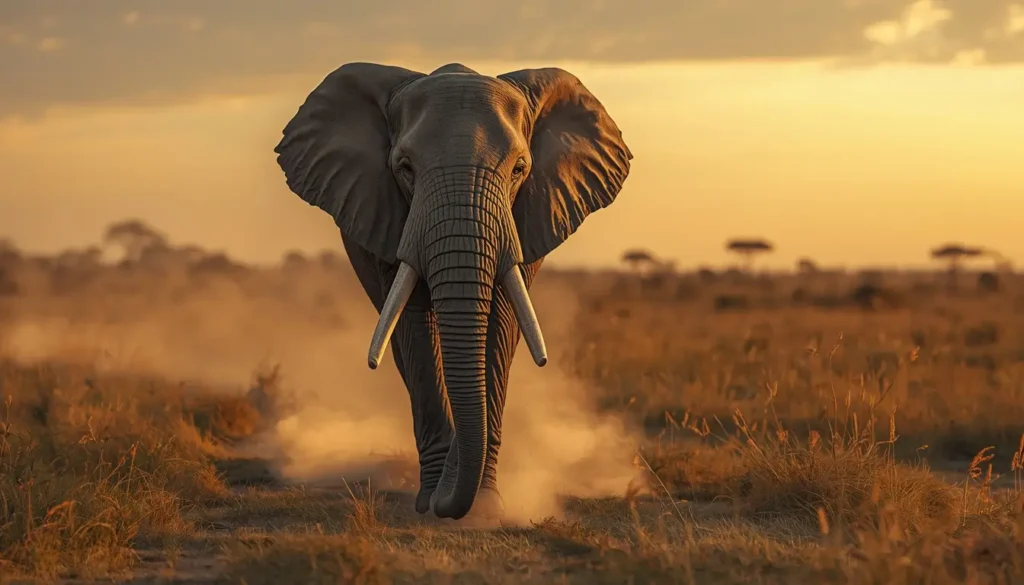 Majestic elephant walking across golden savannah with dust rising during sunset stunning wildlife animal-wallpaper for mobile or desktop.