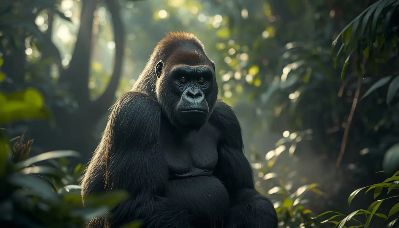 Powerful gorilla sitting calmly in dense tropical jungle with soft sunlight perfect wildlife animal-wallpaper for mobile or desktop.