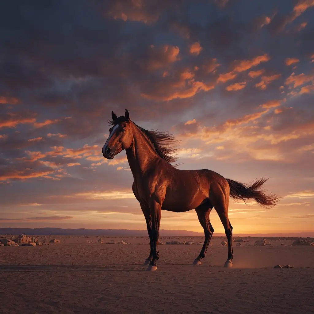 Wild stallion standing in open desert landscape under dramatic sunset sky powerful wildlife animal-wallpaper for mobile or desktop.