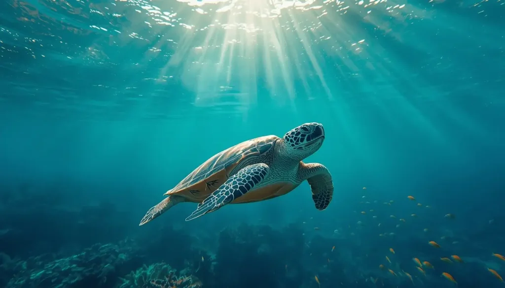 Sea turtle swimming peacefully in clear blue ocean with sunlight rays underwater stunning marine wildlife animal-wallpaper.