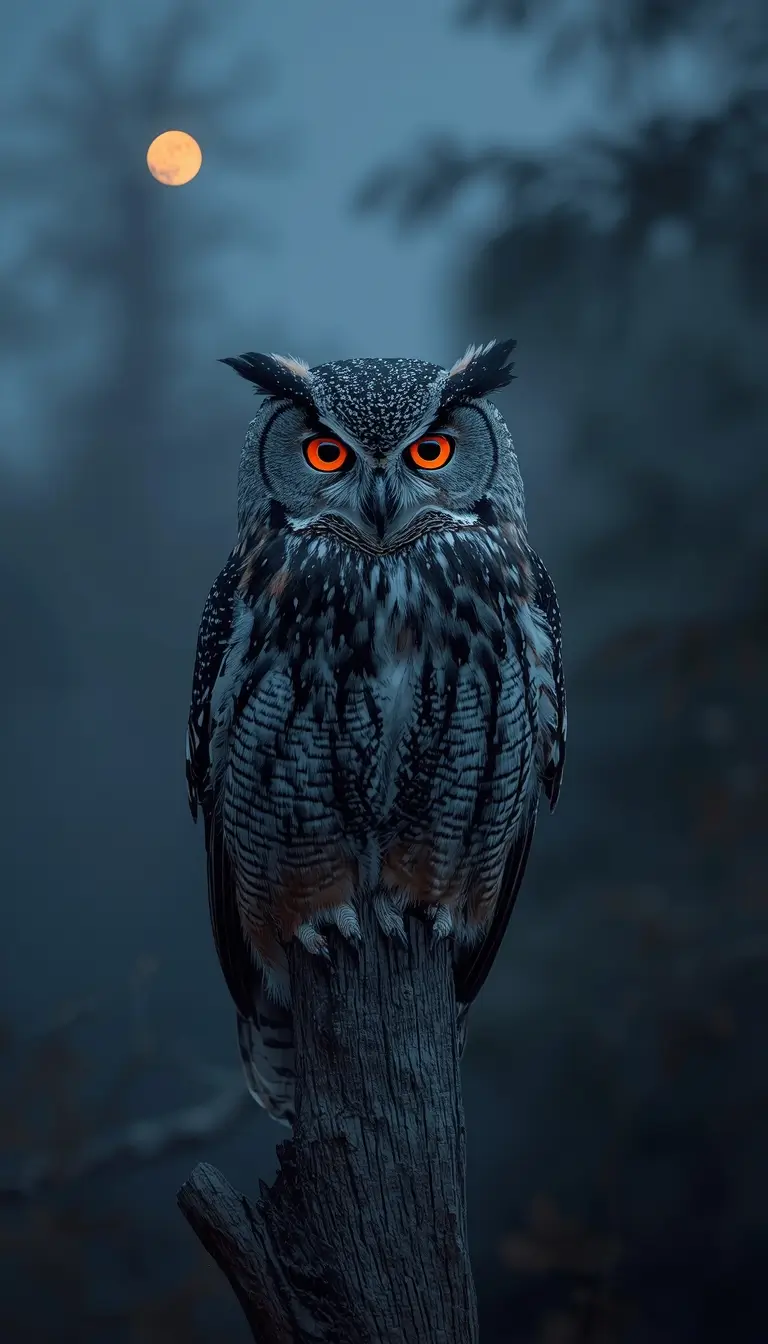 Majestic owl sitting on a wooden branch at night with glowing eyes beautiful animal-wallpaper and stunning photos of animals.