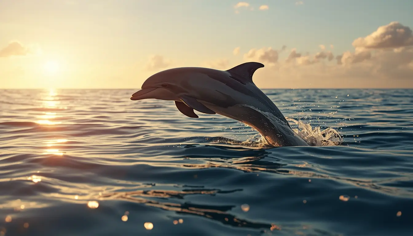 Playful dolphin jumping above ocean water during sunset beautiful marine animal-wallpaper and stunning photos of animals.