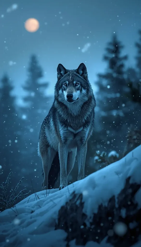 Gray wolf standing on a snowy hill under moonlight in a winter forest, stunning wildlife animal-wallpaper for phone or desktop.