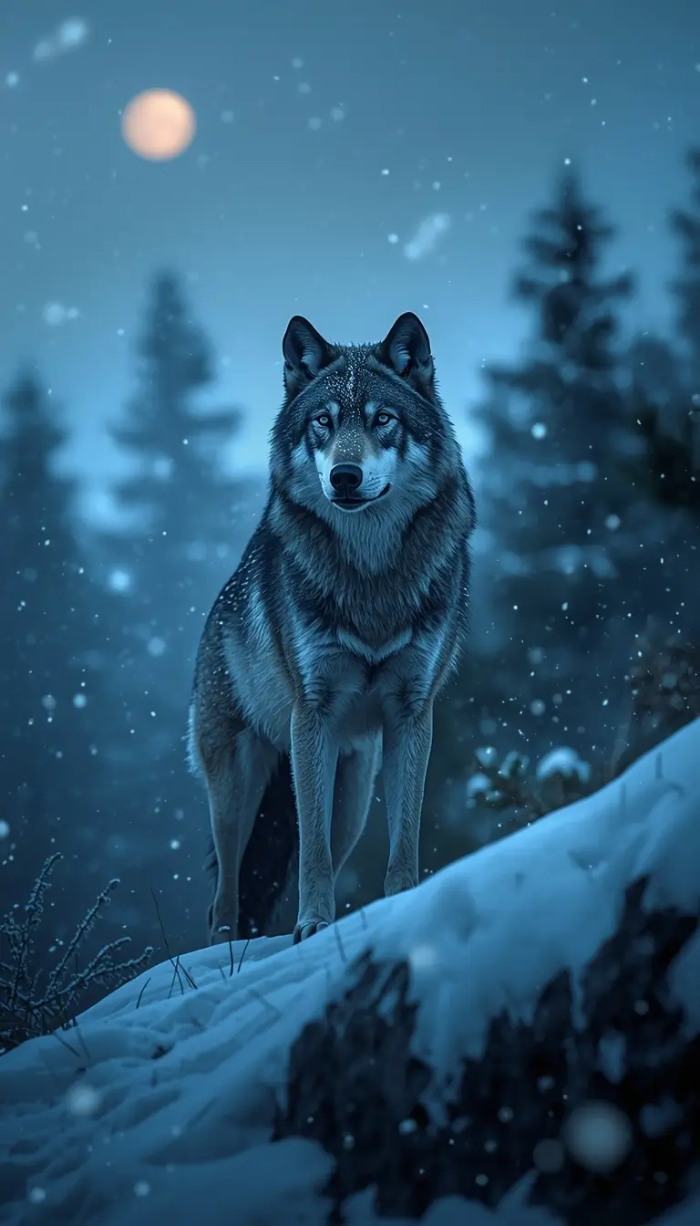 Gray wolf standing on a snowy hill under moonlight in a winter forest, stunning wildlife animal-wallpaper for phone or desktop.