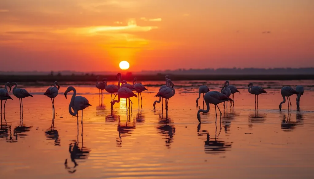 Group of flamingos standing in shallow water during sunset beautiful wildlife animal-wallpaper and stunning photos of animals.