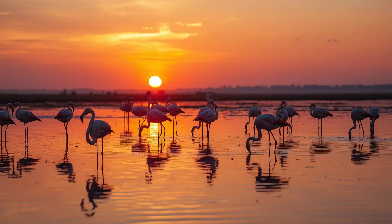 Group of flamingos standing in shallow water during sunset beautiful wildlife animal-wallpaper and stunning photos of animals.