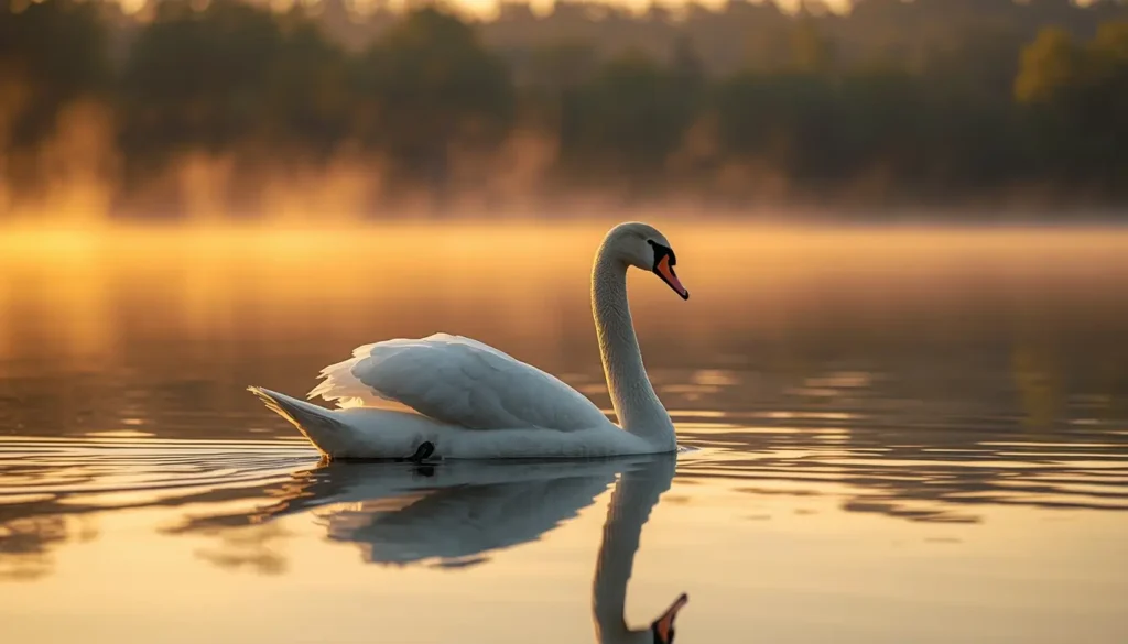 Elegant white swan swimming on a calm lake at sunset reflection nature animal-wallpaper wildlife scene