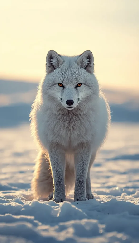 Majestic arctic fox standing on snowy landscape glowing eyes winter wildlife animal-wallpaper photo of animals