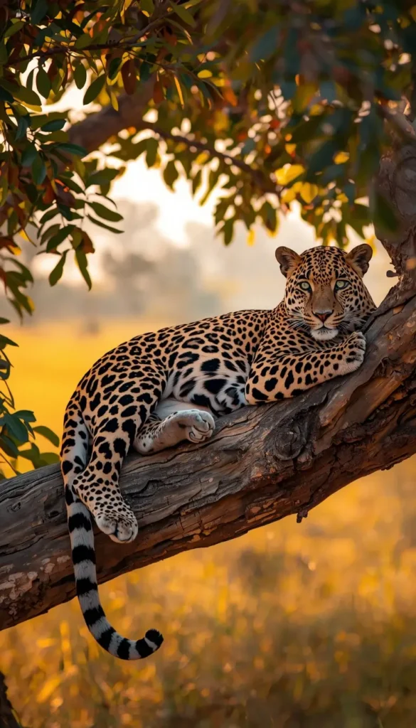 Majestic leopard relaxing on tree branch wildlife scene animal-wallpaper wild-animals-photos photo-of-animals nature