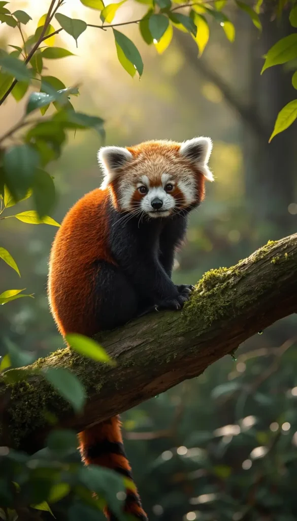 Cute red panda sitting on mossy tree branch forest wildlife animal-wallpaper wild-animals-photos photo-of-animals nature
