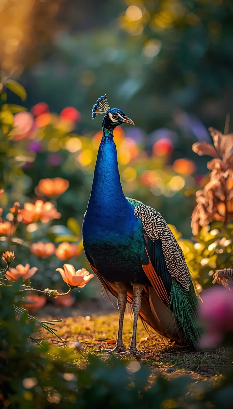 Colorful peacock standing in flower garden wildlife scene animal-wallpaper wild-animals-photos photo-of-animals nature