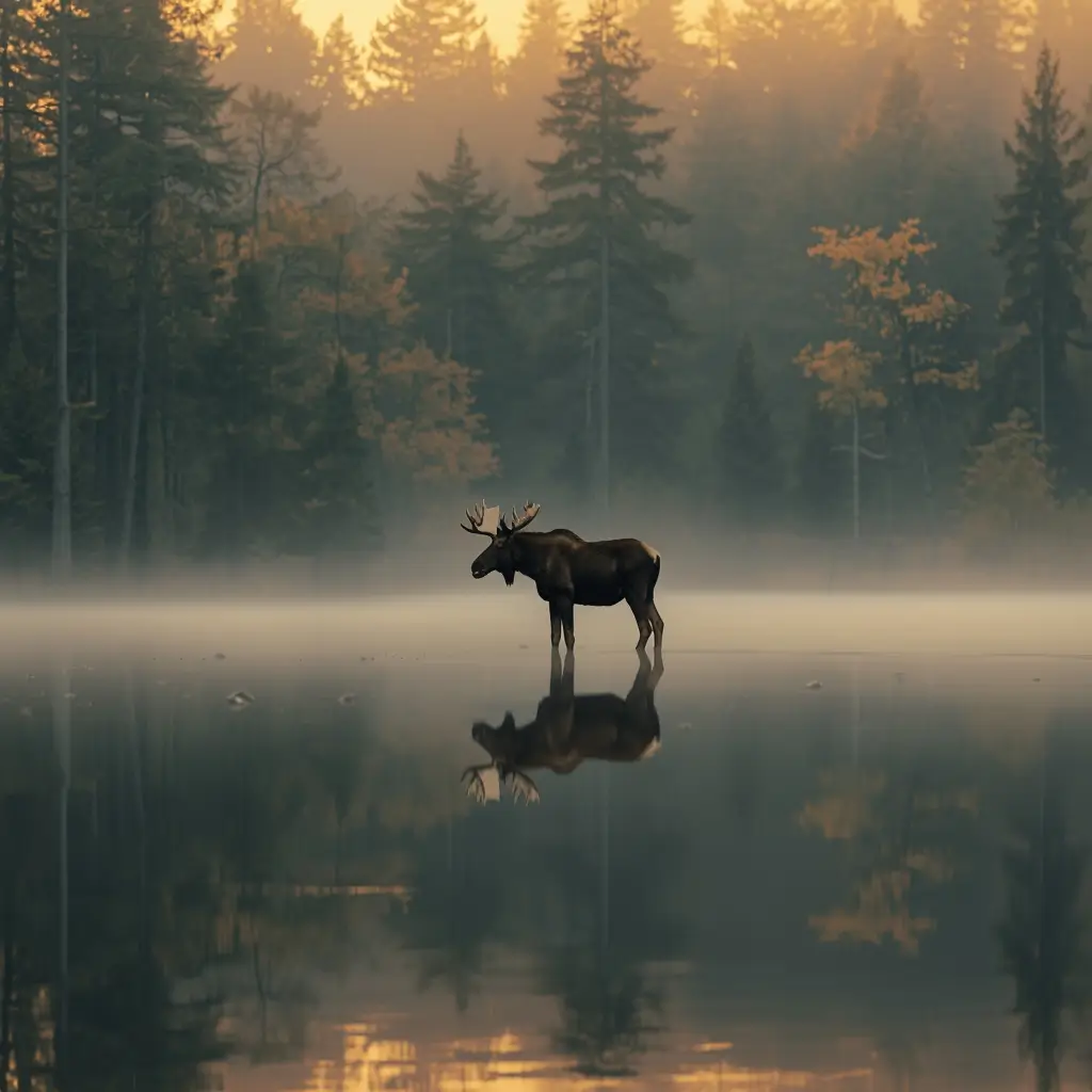 Moose standing in misty lake with reflection forest wildlife animal-wallpaper wild-animals-photos photo-of-animals nature