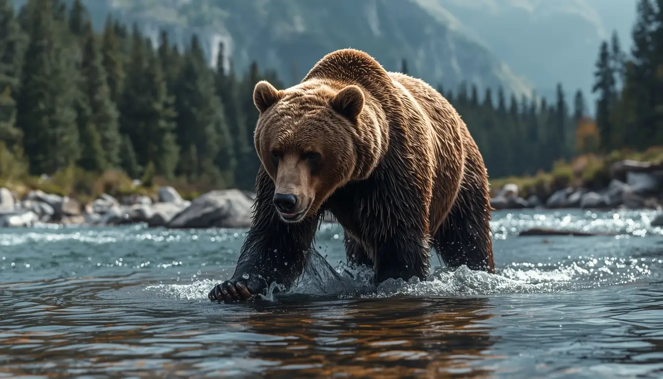 Brown bear walking through a mountain river surrounded by forest and mountains, high-resolution wildlife animal-wallpaper.