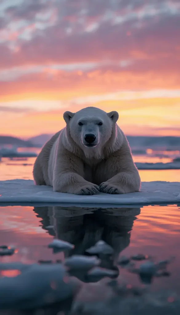 Polar bear resting on floating ice at sunset reflection wildlife animal-wallpaper wild-animals-photos photo-of-animals nature