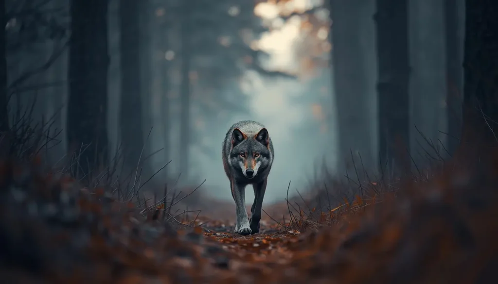 Lone wolf walking in foggy forest path wildlife scene animal-wallpaper wild-animals-photos photo-of-animals nature
