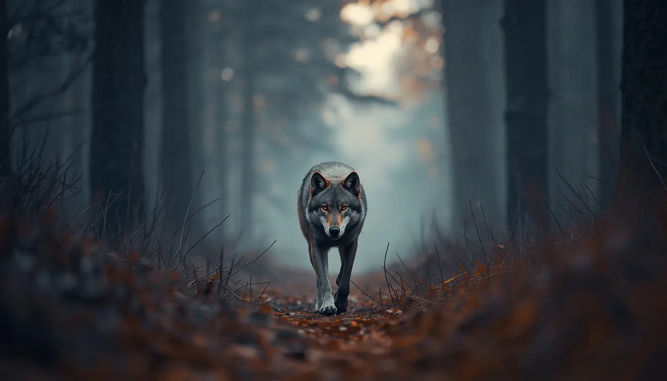 Lone wolf walking in foggy forest path wildlife scene animal-wallpaper wild-animals-photos photo-of-animals nature